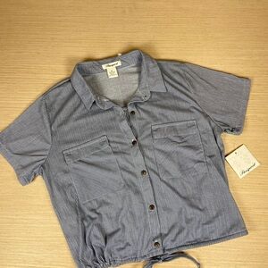 Passport Navy & White Pinstripe Button Front Short Sleeve Top Size M NWT